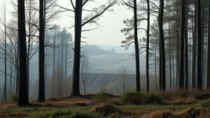 Forêt de feuillus en lisière d’un chantier minier, lumière naturelle et atmosphère documentaire