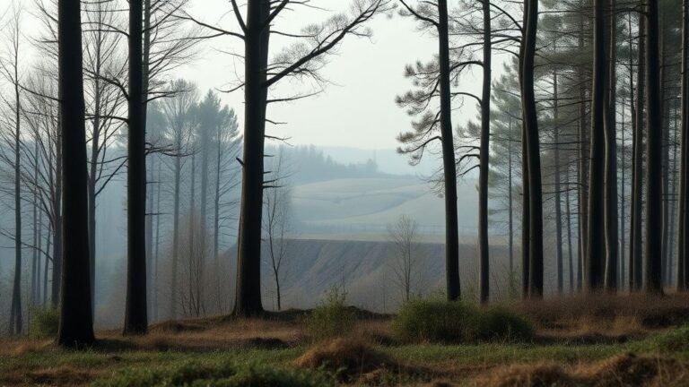 Forêt de feuillus en lisière d’un chantier minier, lumière naturelle et atmosphère documentaire