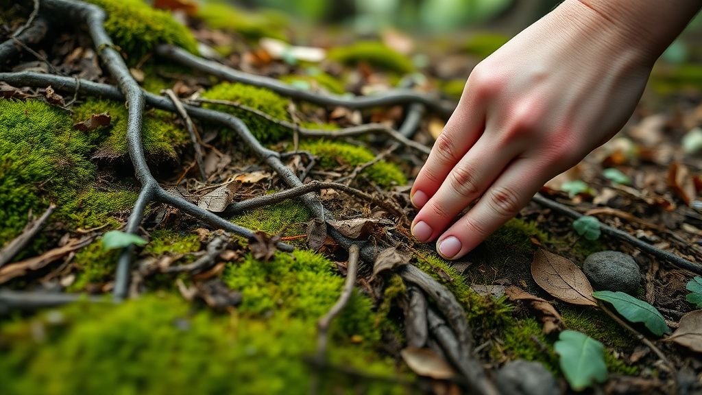 Main touchant un sol forestier couvert de mousse et de feuilles, en lumière naturelle