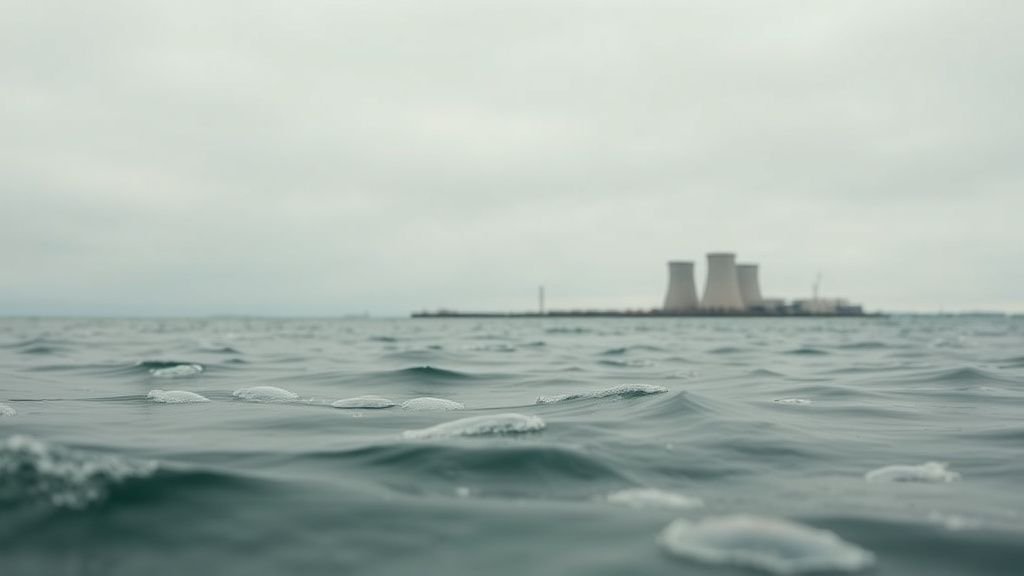 Centrale nucléaire côtière au bord de la mer avec une eau calme et une ambiance documentaire