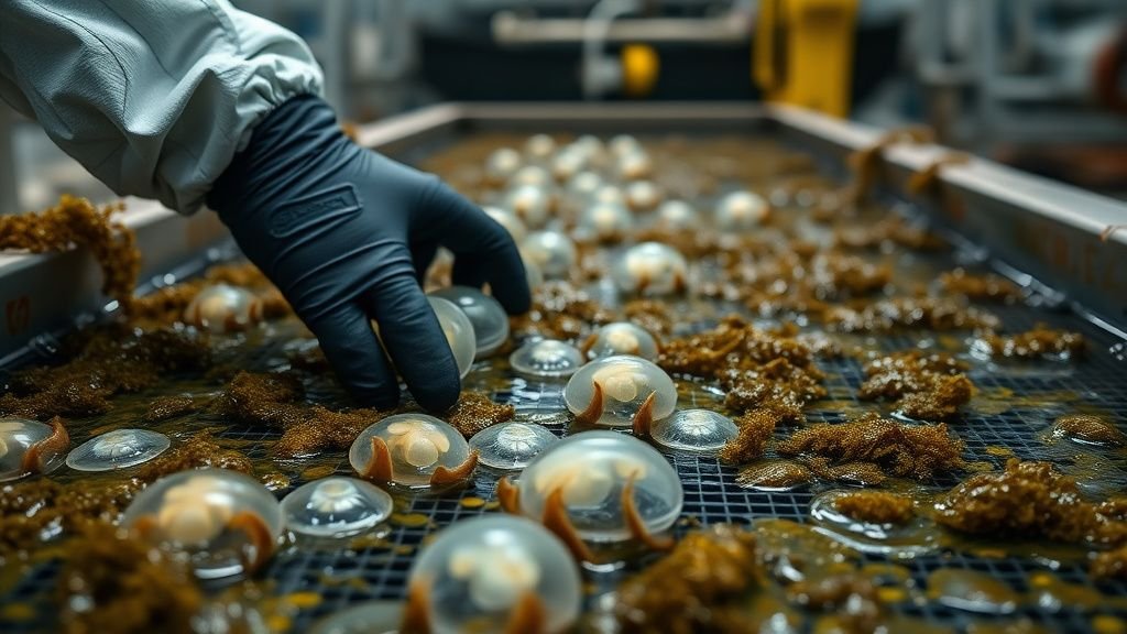Mains gantées inspectant une grille de prise d’eau couverte d’algues et de méduses
