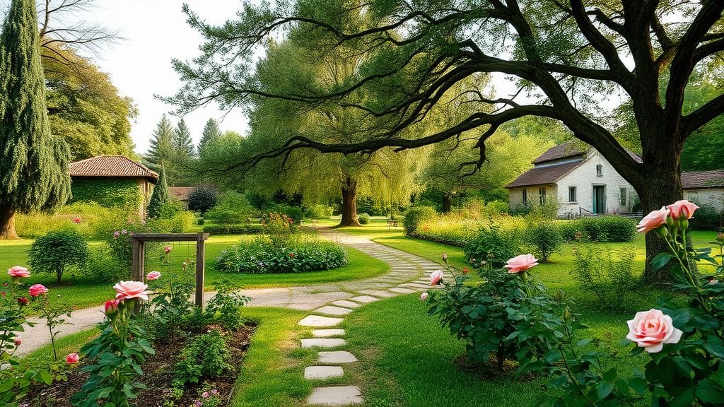 Jardin ancien avec grands arbres, rosiers et potager sous lumière naturelle