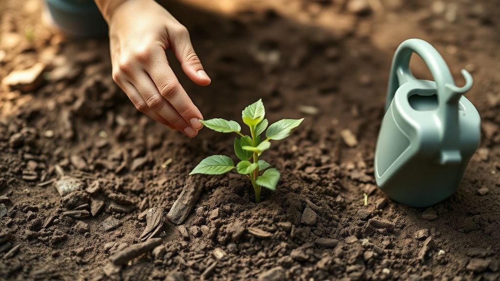 Mains touchant la terre autour d’une jeune plante dans un jardin sobre