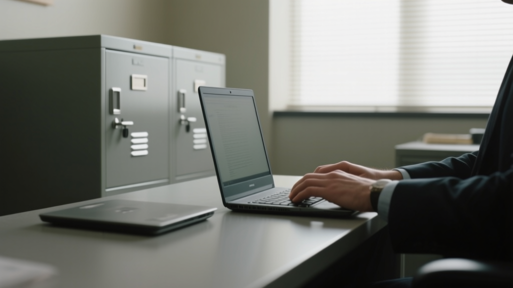 Bureau sobre avec ordinateur, armoire fermée et mains au clavier dans une ambiance de sécurité numérique