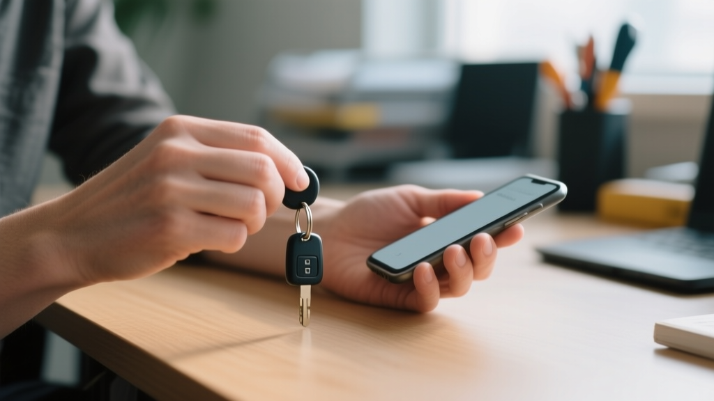Clé de sécurité et smartphone posés sur un bureau en bois dans une scène de cybersécurité