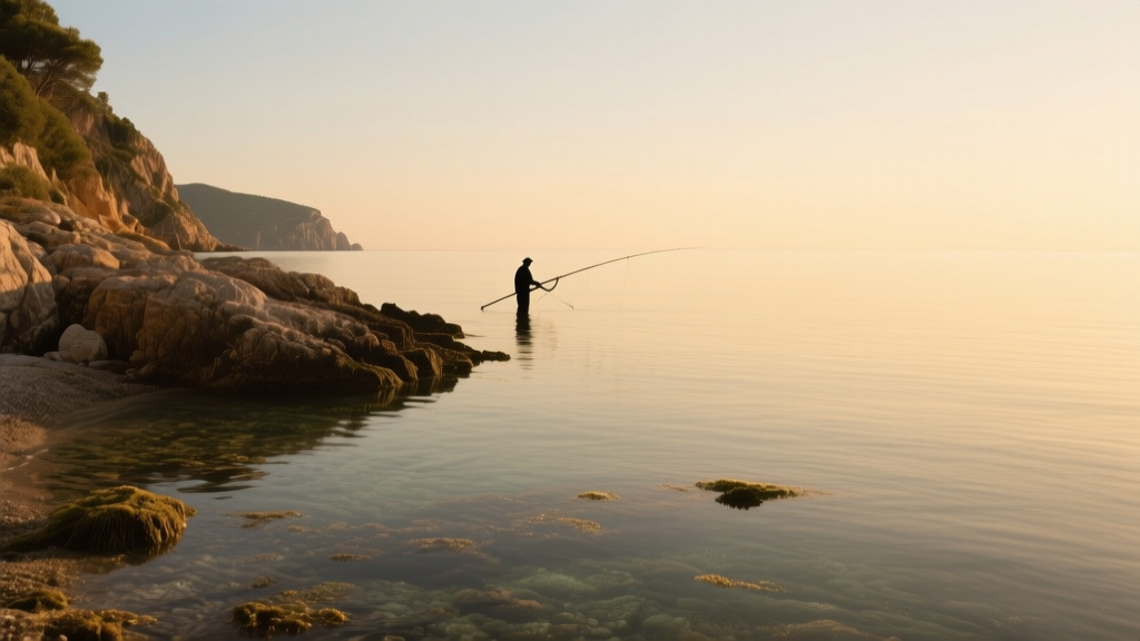 Littoral méditerranéen calme au coucher du soleil avec eau claire et rochers