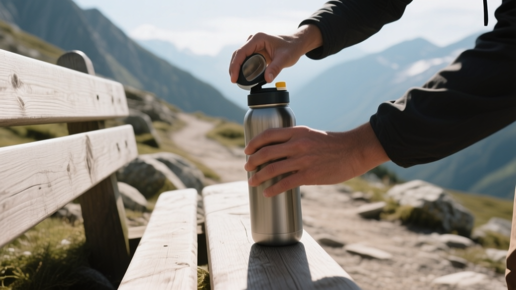 Mains remplissant une gourde réutilisable près d’un sentier de montagne