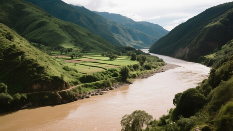Rivière de montagne en Bolivie avec eaux claires et boueuses au milieu de cultures