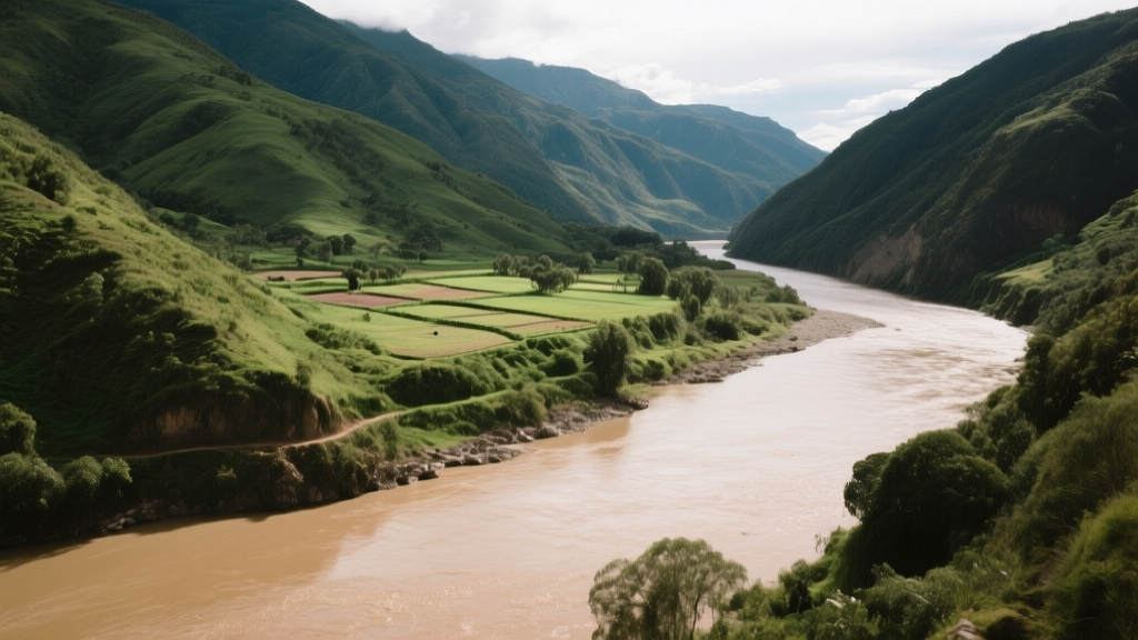 Rivière de montagne en Bolivie avec eaux claires et boueuses au milieu de cultures