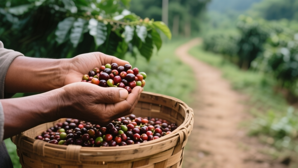 Mains tenant des cerises de café fraîches près d’une exploitation rurale
