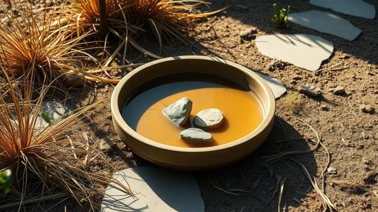 Abreuvoir peu profond dans un jardin sec avec pierres et plantes locales sous lumière naturelle