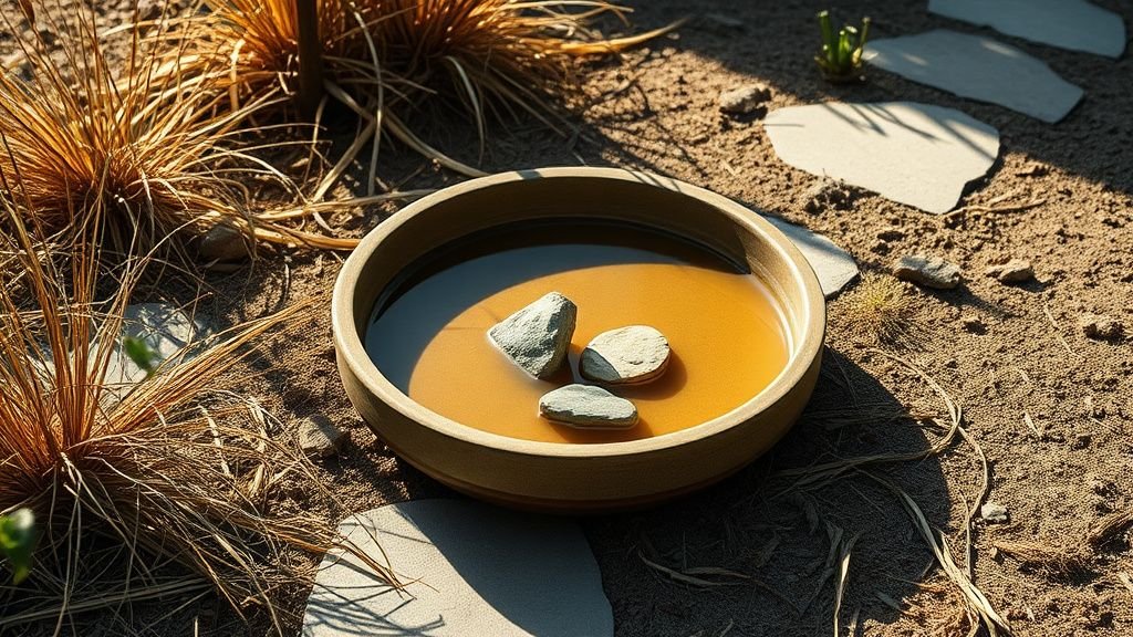 Abreuvoir peu profond dans un jardin sec avec pierres et plantes locales sous lumière naturelle
