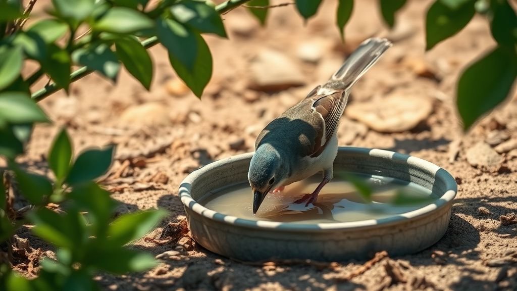 Oiseau buvant dans une soucoupe d’eau ombragée au milieu d’un jardin asséché