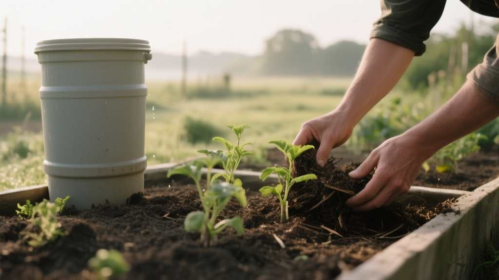 Mains déposant du paillage autour de jeunes plants près d’un récupérateur d’eau sans marquage