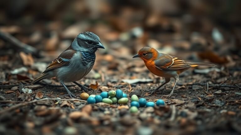 Oiseau en train d’agencer des éléments naturels colorés sur le sol, scène de nature en lumière douce