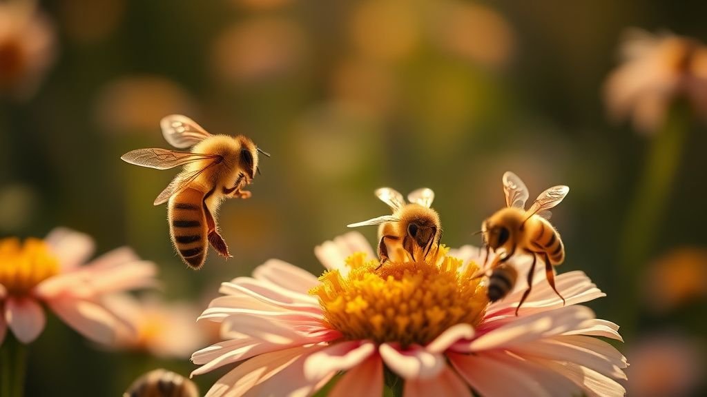 Abeilles en mouvement sur une prairie fleurie sous une lumière naturelle douce