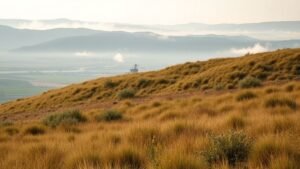 Terril couvert de végétation avec prairie sauvage et paysage industriel en arrière-plan