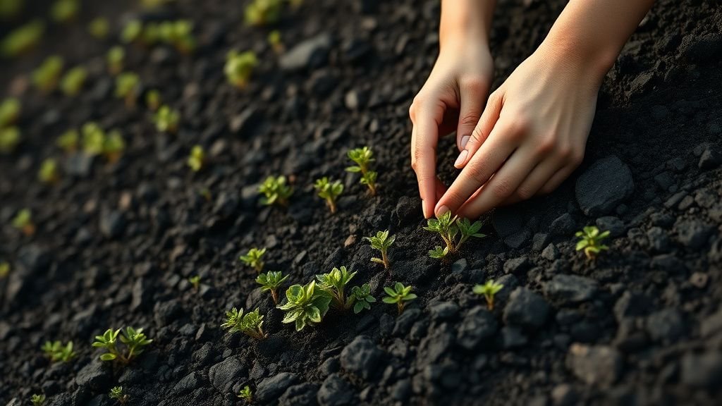 Mains montrant de petites plantes sauvages sur un sol sombre de terril